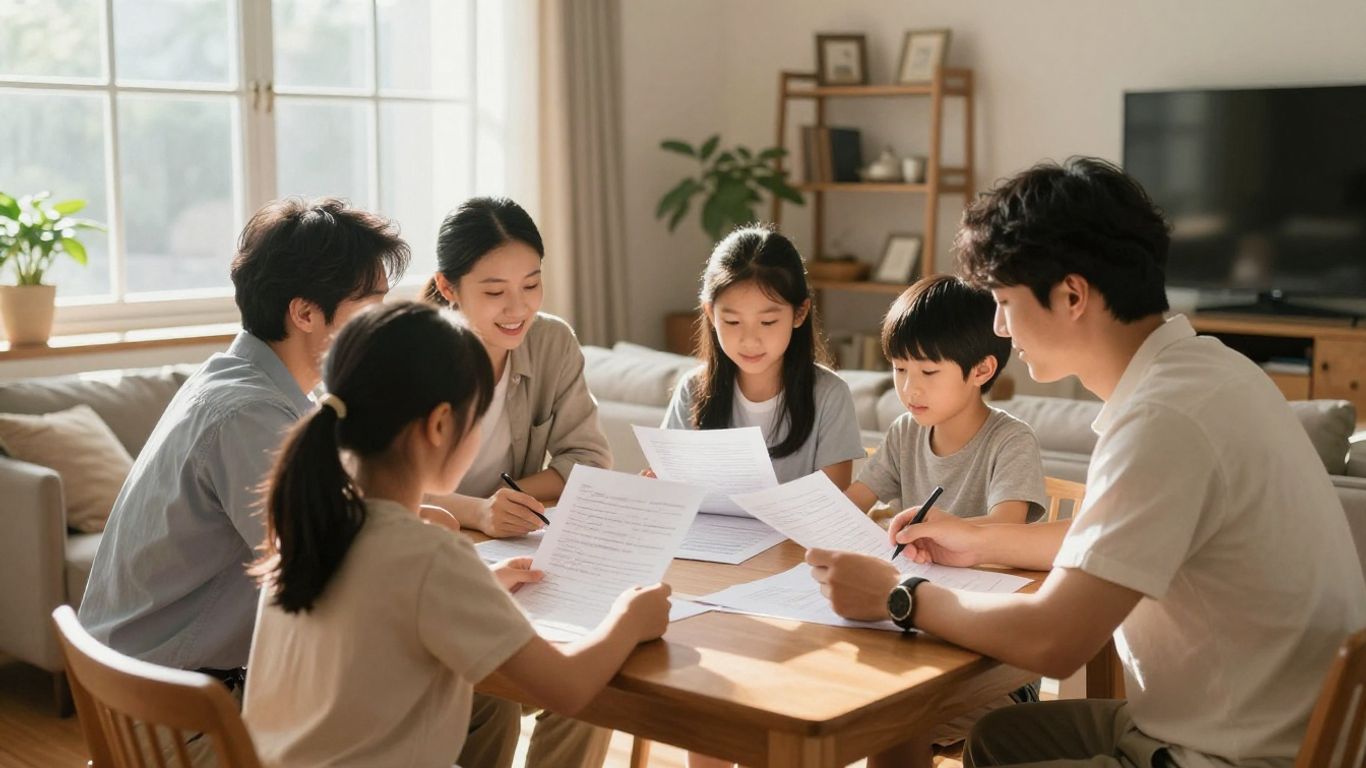 Familia planeando presupuesto en sala de estar luminosa.