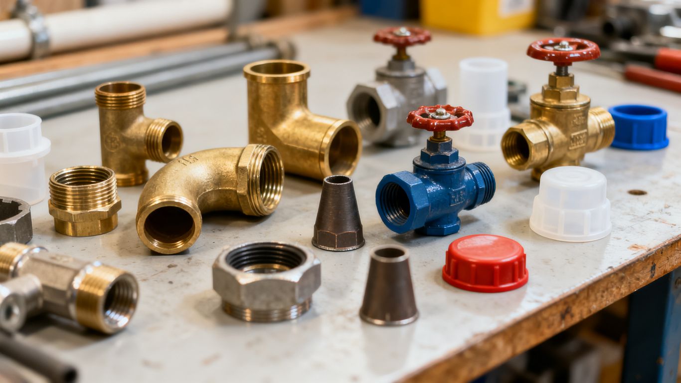 Assorted plumbing fittings arranged on workbench