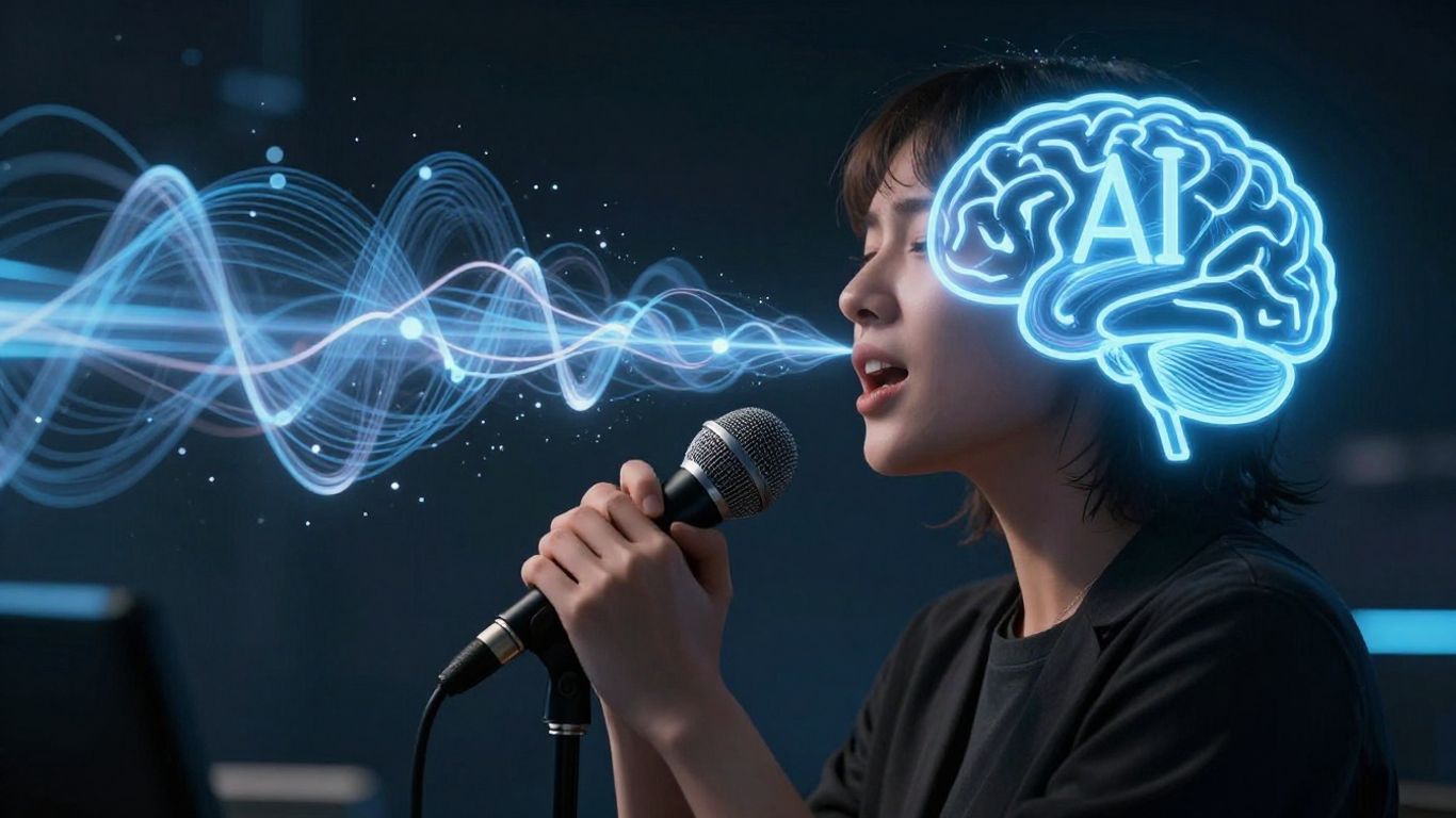 Person singing with AI soundwaves and brain icon.