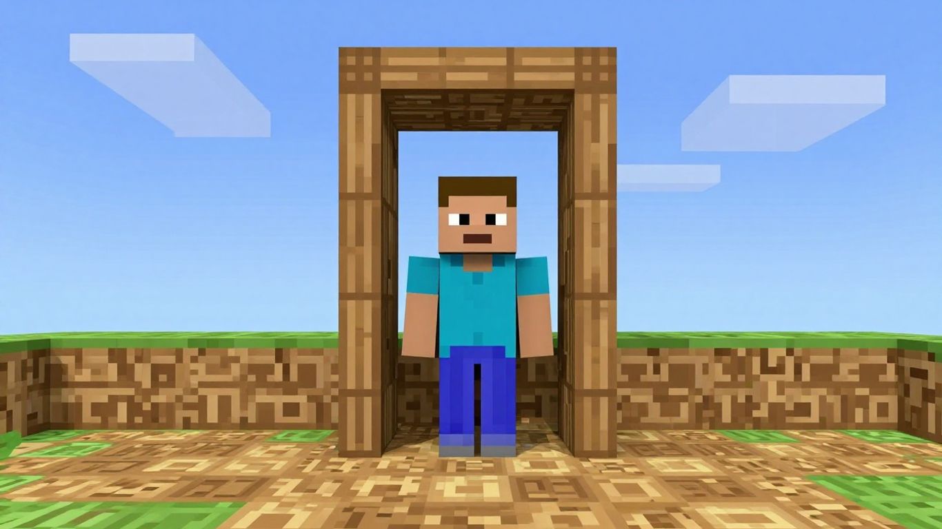 Retro Minecraft world with blocky structures and player.