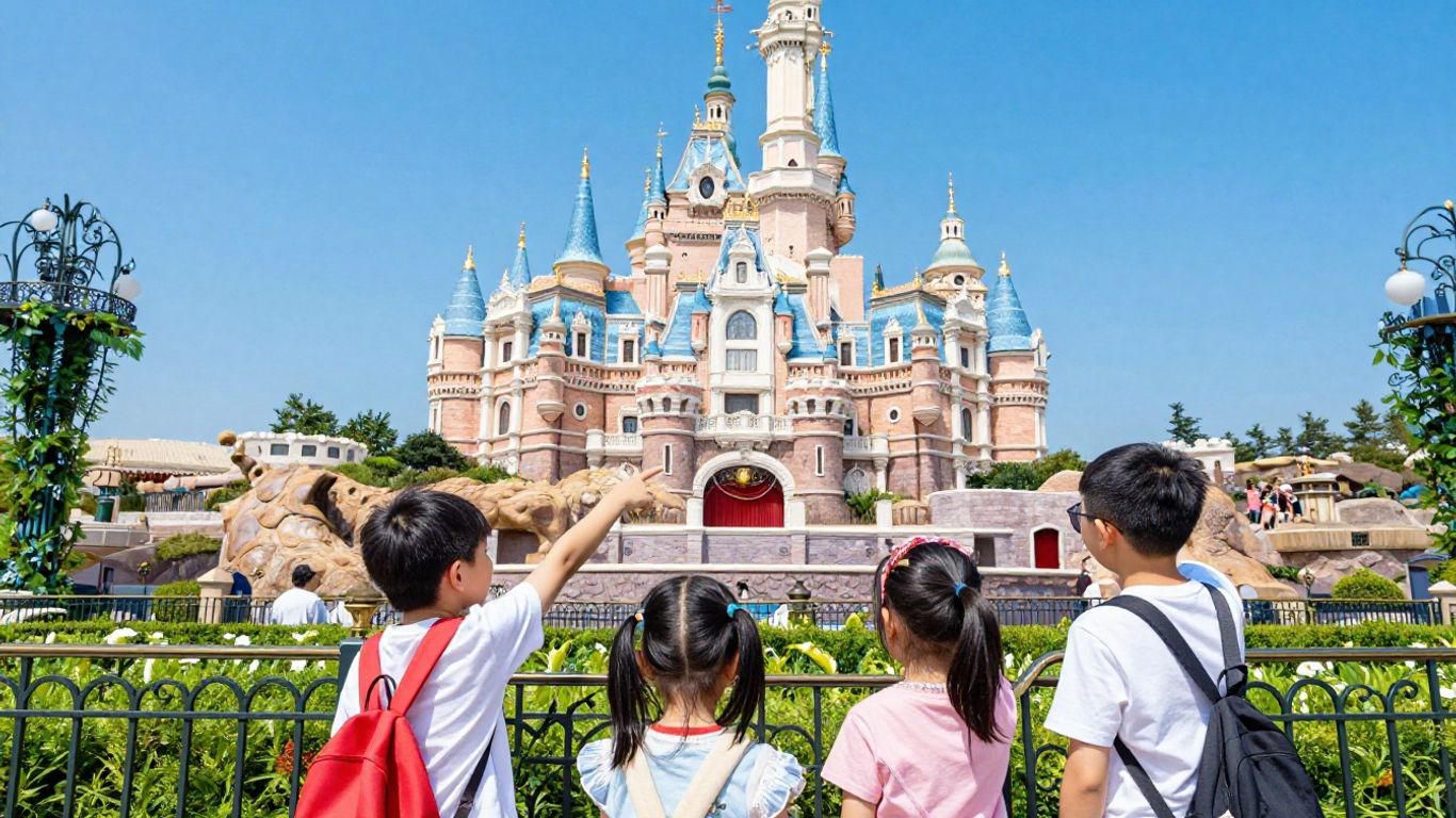 Disneyland castle with happy families enjoying vacation