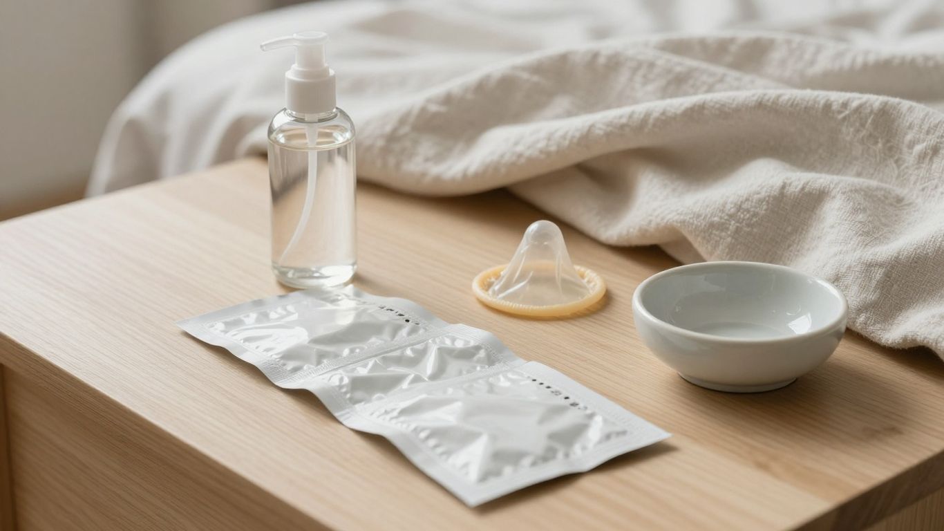 Water-based lubricant and condoms on a clean bedside table