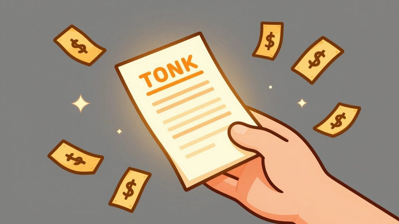 Cartoon hand holding glowing loan document with money symbols.