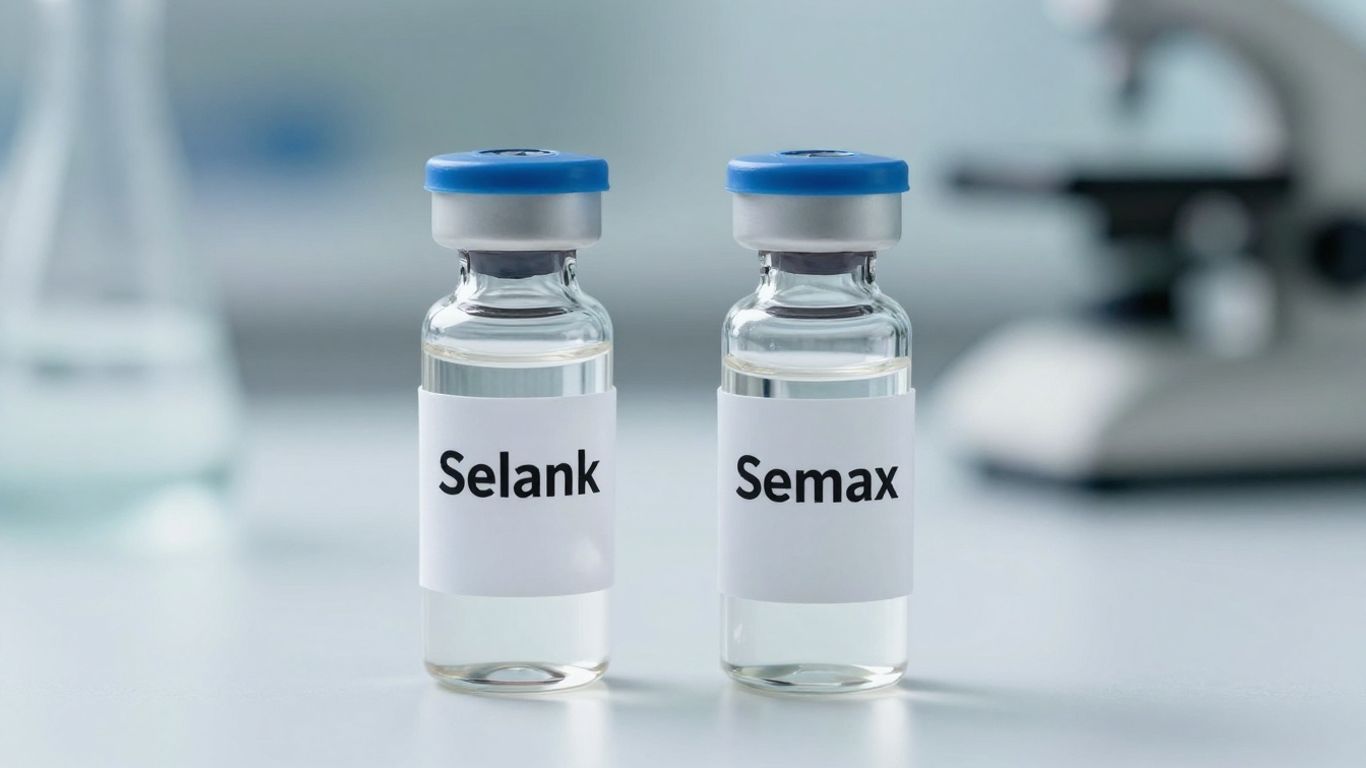 Selank and Semax vials in a lab setting.