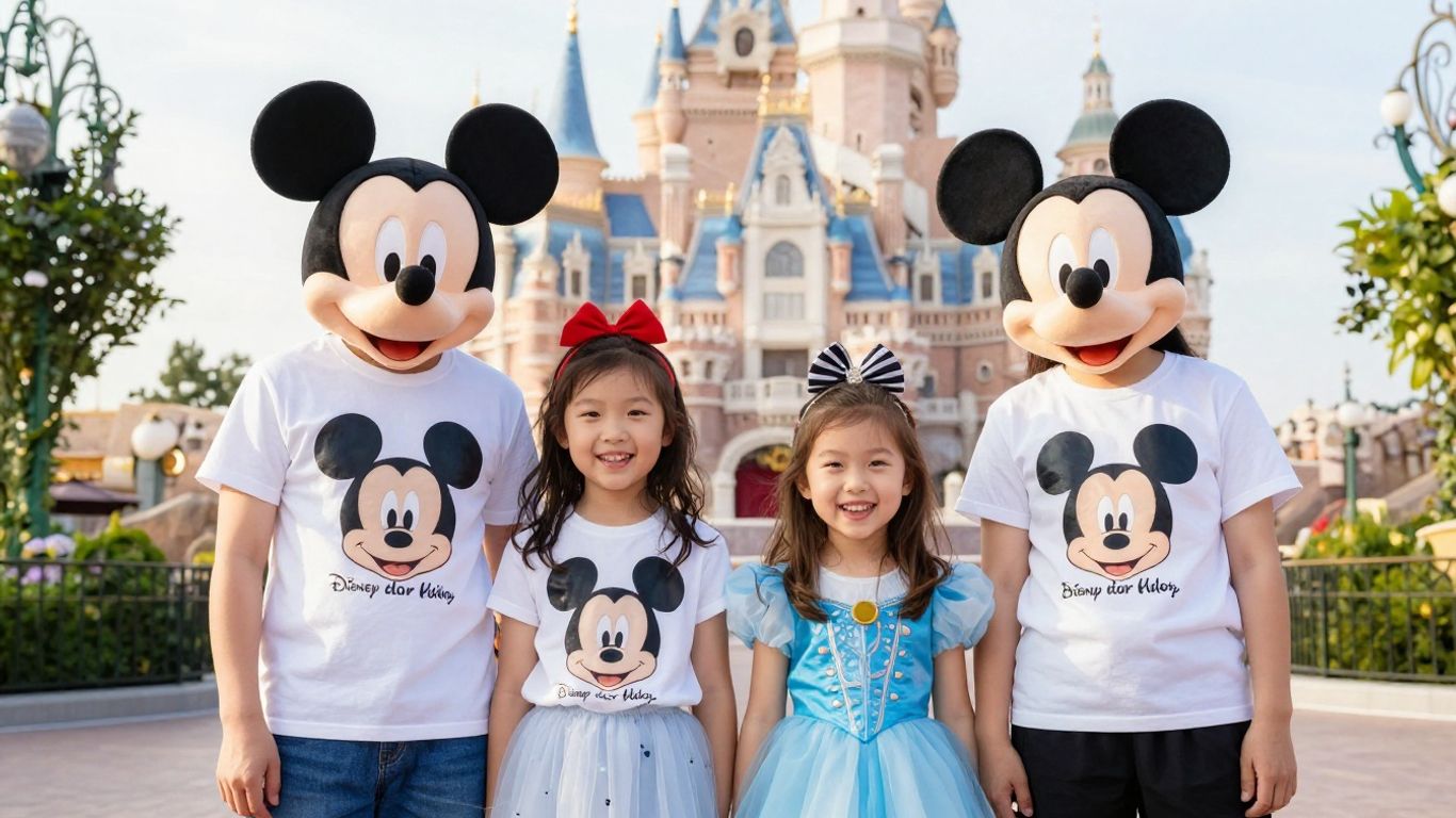 Family in matching Disney shirts at Cinderella Castle.