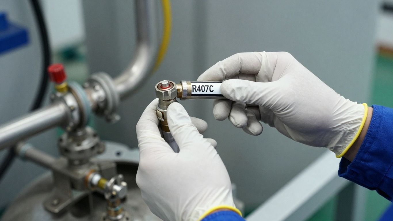 Technician handling a cylinder of R407C refrigerant.