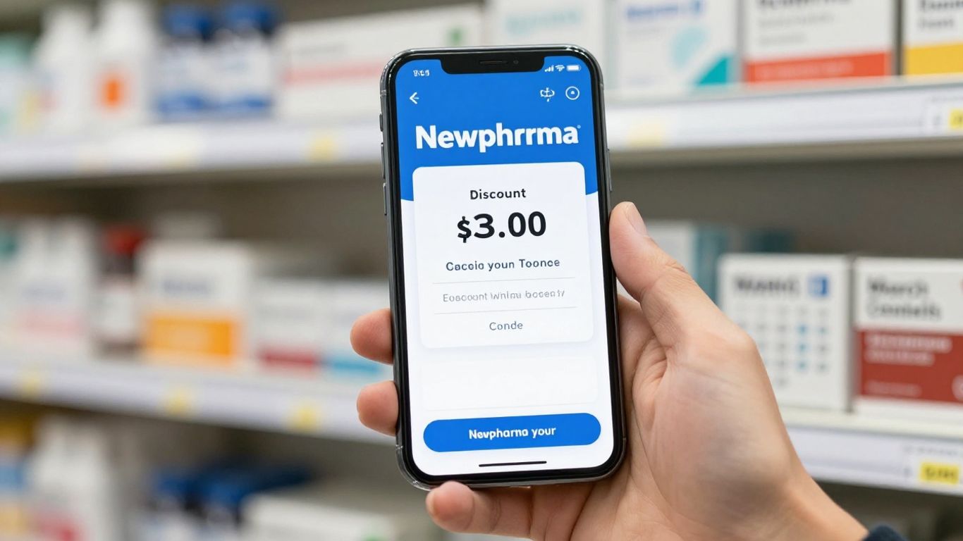 Newpharma discount code on a smartphone screen.