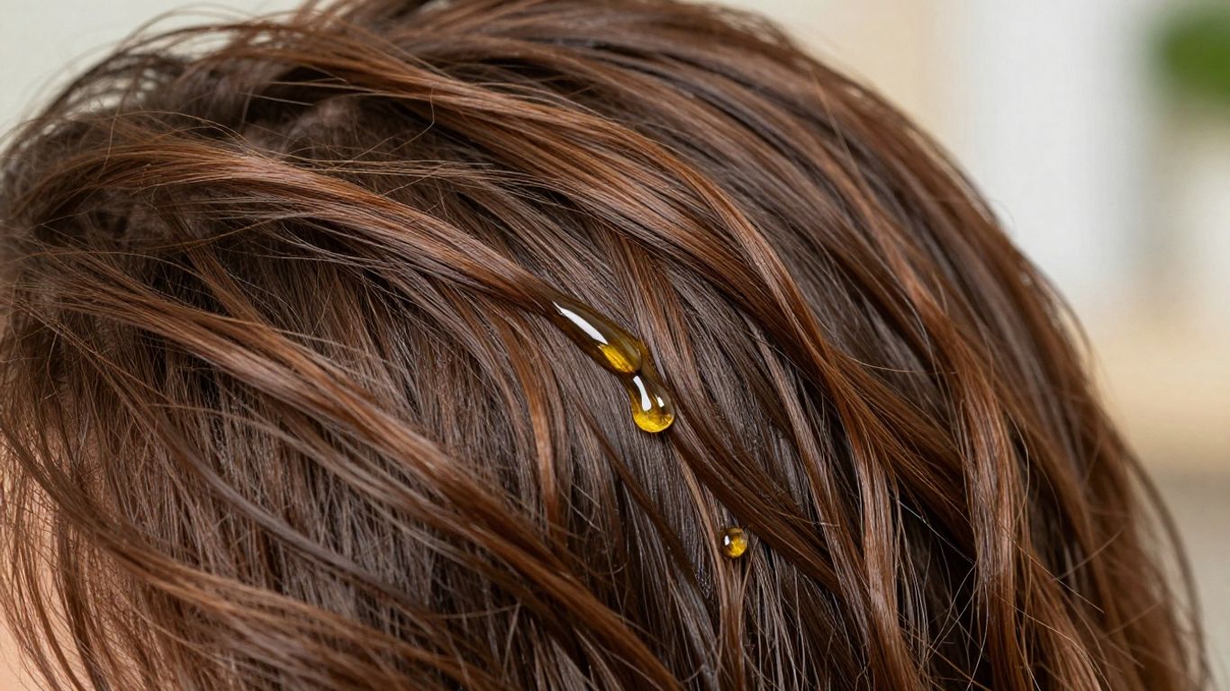 Shiny curly hair with glistening macadamia oil drops.
