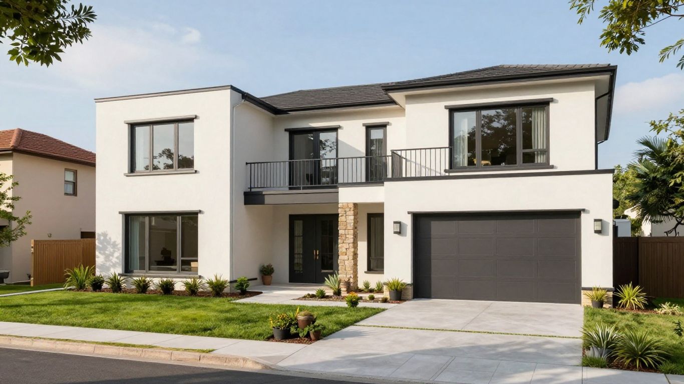 Modern duplex home exterior with manicured lawn.