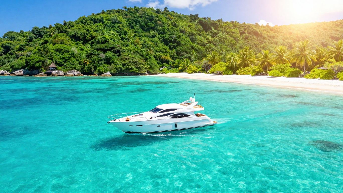 Yacht approaching a tropical island paradise.