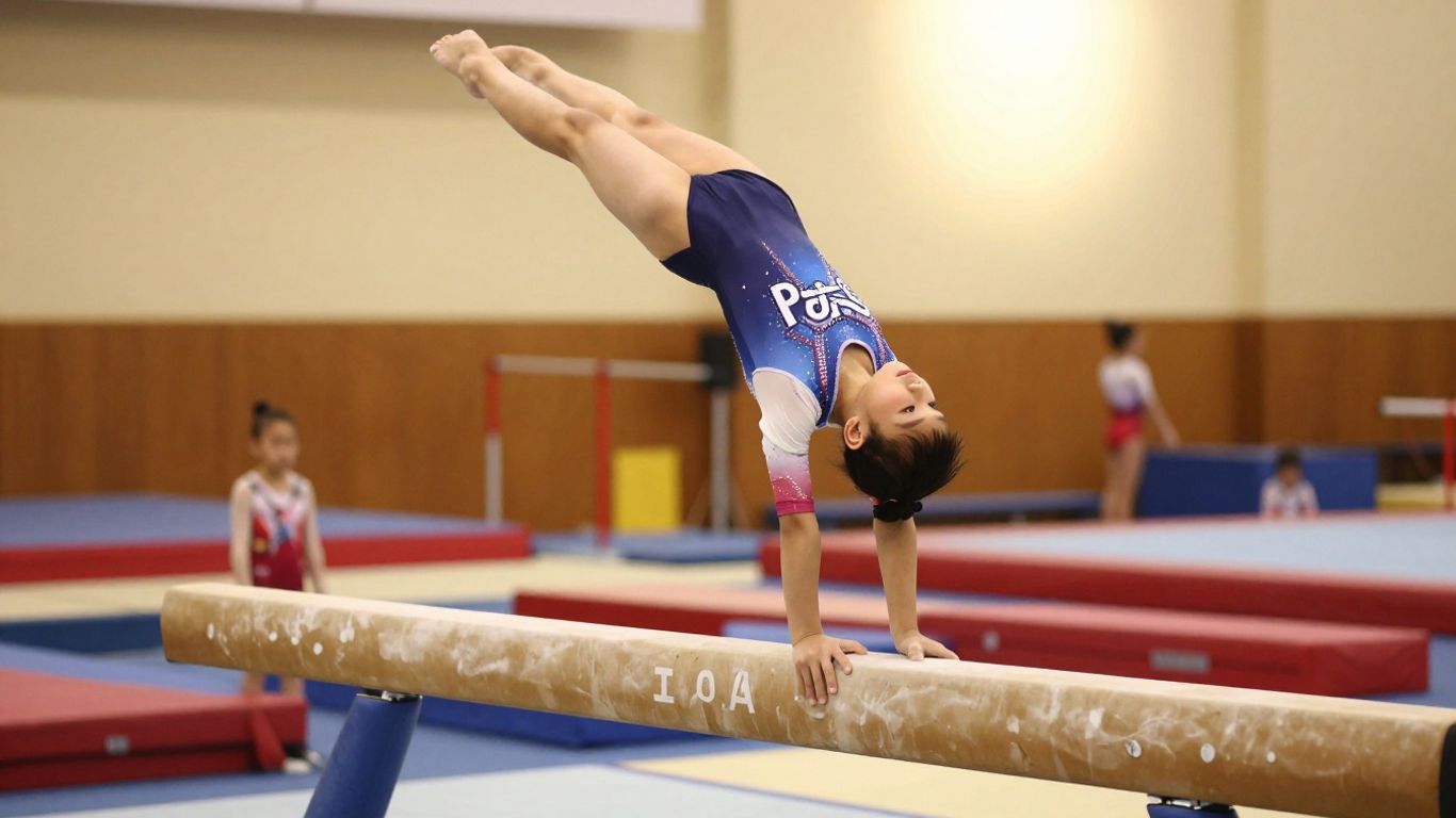 Young gymnasts training on beams and bars.