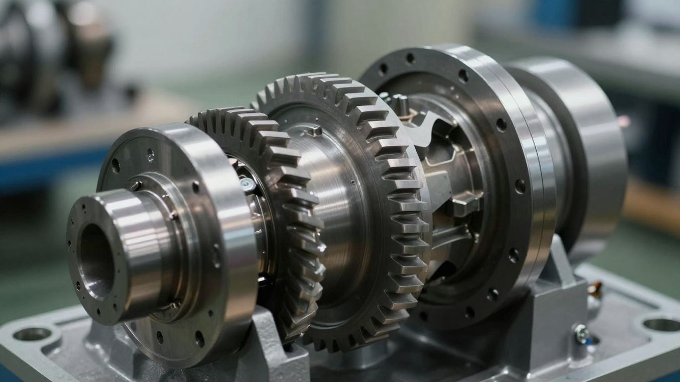 Industrial gearbox with visible metallic gears.