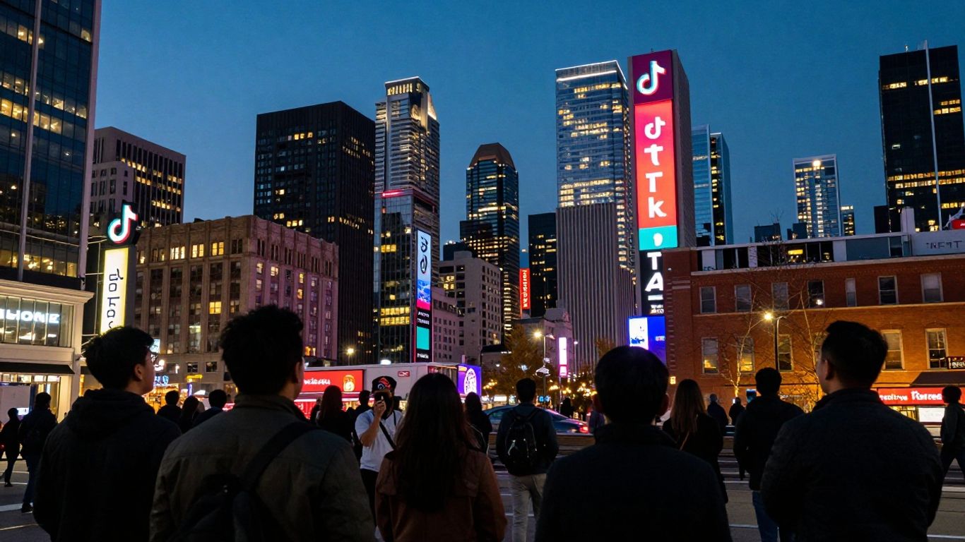 Toronto skyline with TikTok logos and business owners.