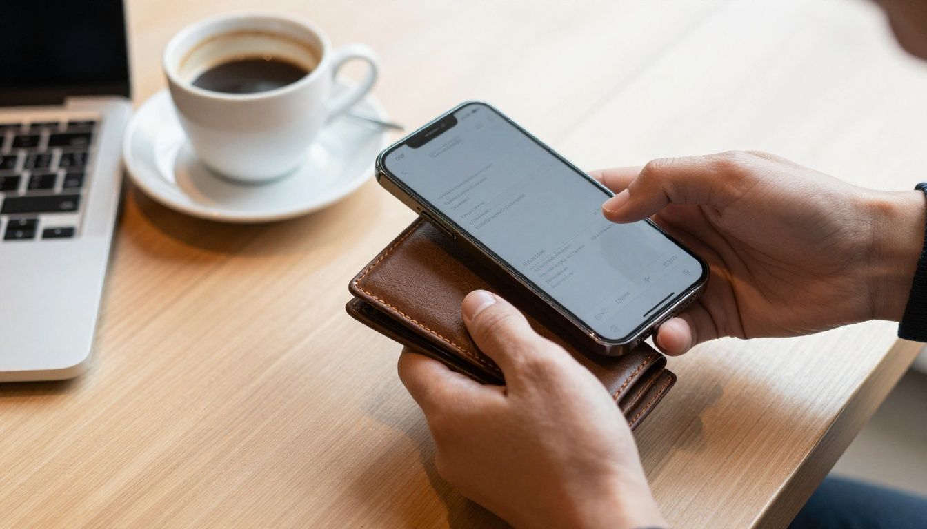 A person at a cafe paying for their coffee by tapping their iPhone 17 Pro Max in a leather wallet case on the payment terminal.