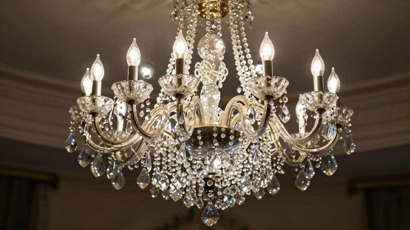 Elegant crystal chandelier sparkling with light.