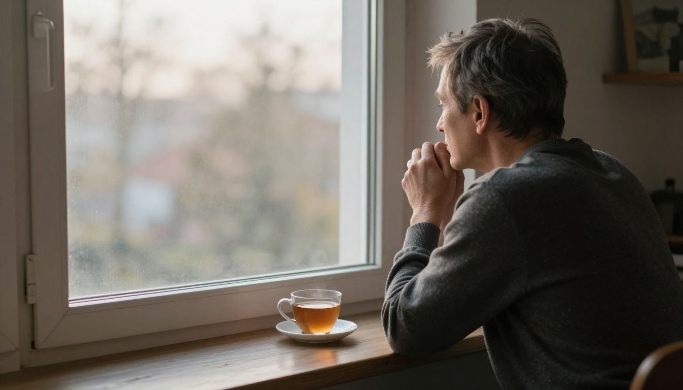 A middle-aged person sits on a window seat with a cup of tea, taking a quiet moment to look out the window as soft morning light fills the room.