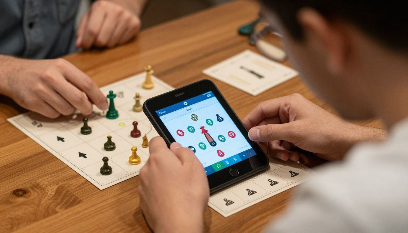 Um jogador focado visualizando o tabuleiro vibrante de um jogo de estratégia móvel em seu dispositivo