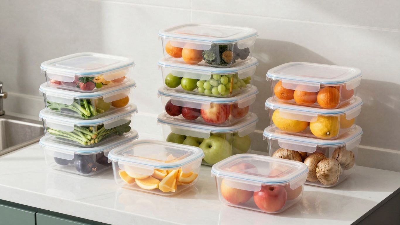 Assortment of clear plastic food containers with fresh food.