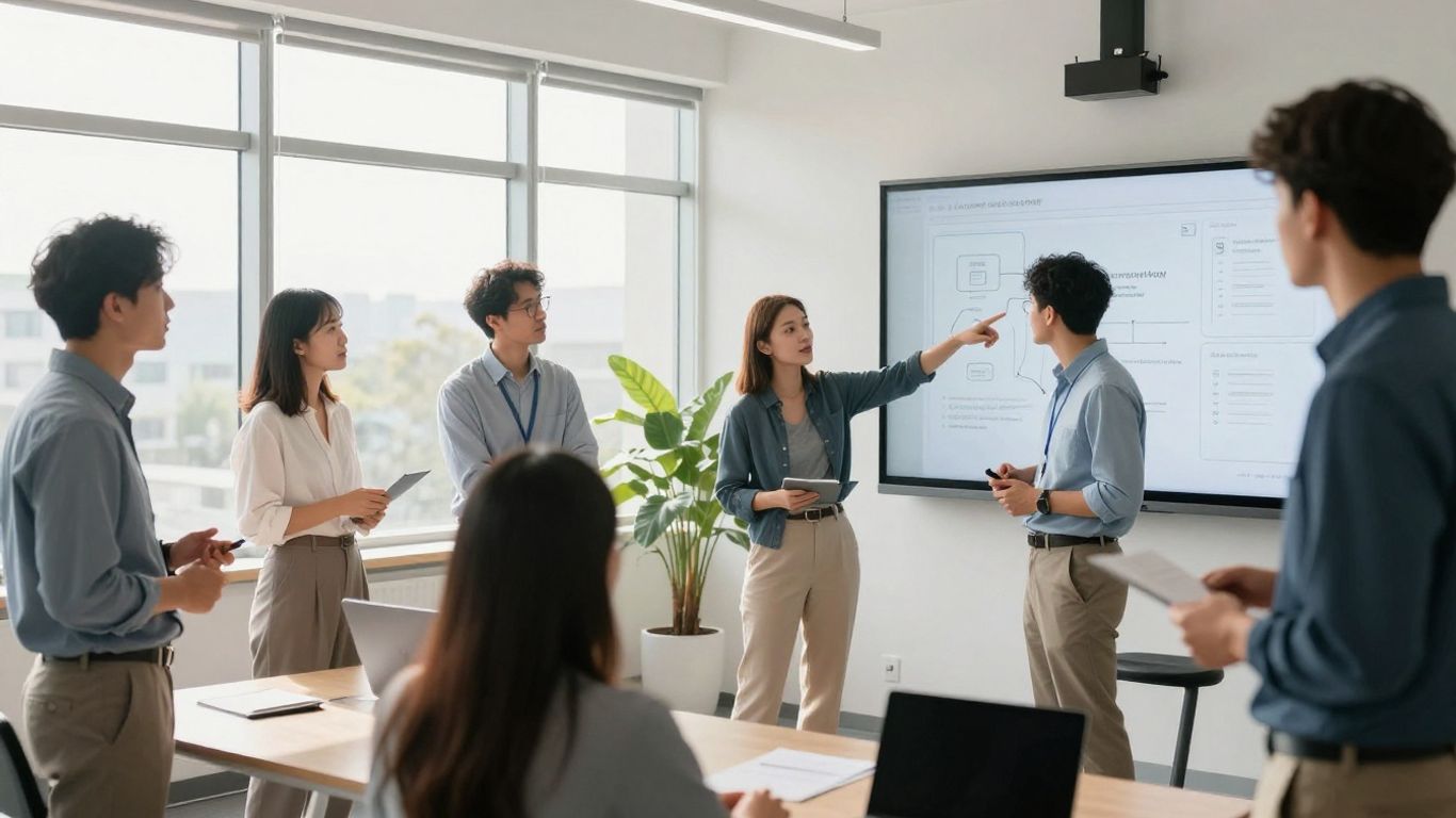 Profesionales aprendiendo en un entorno educativo moderno y luminoso.