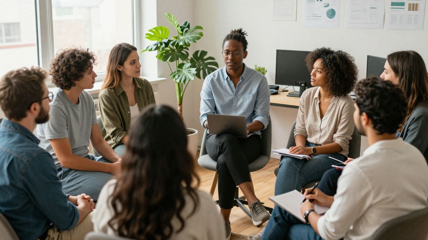 Equipe diversa reunida em ambiente de trabalho acolhedor