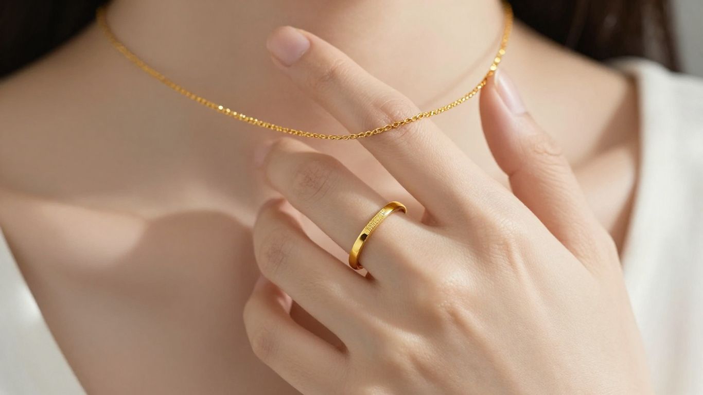 Elegant gold jewellery on a woman's hand.