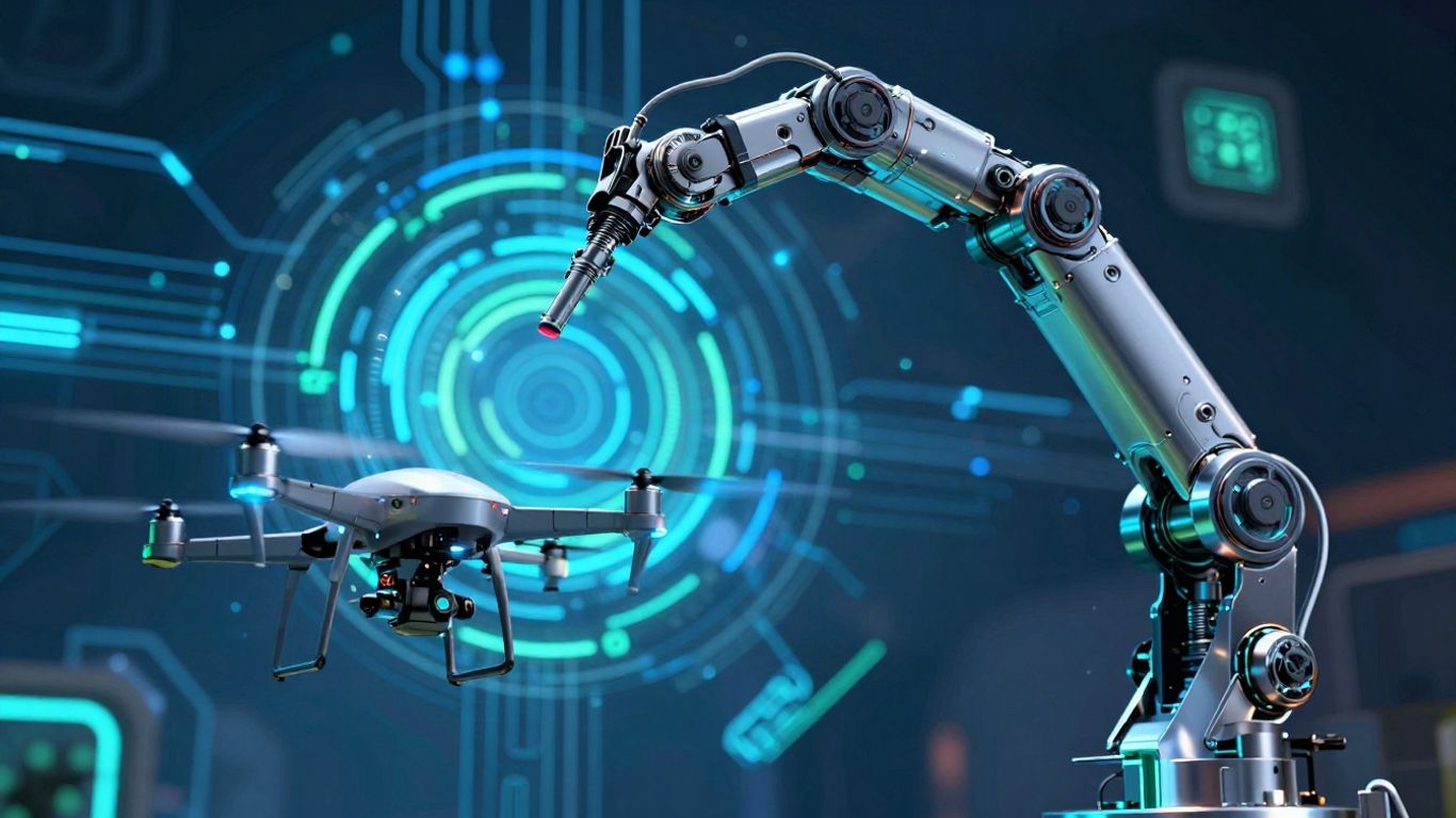 Robotic arm and drone with futuristic digital background.