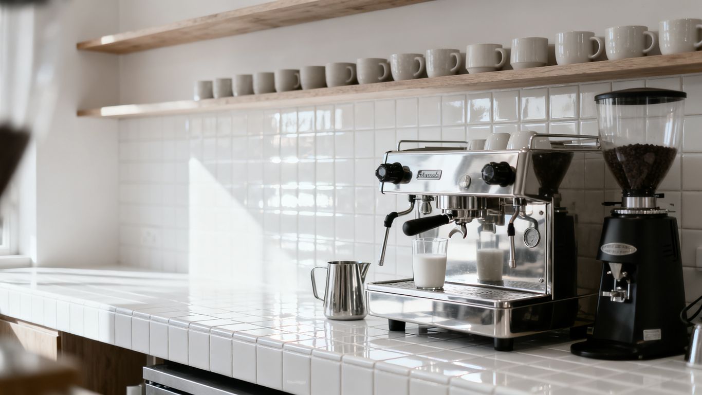 A busy cafe counter with stainless tools