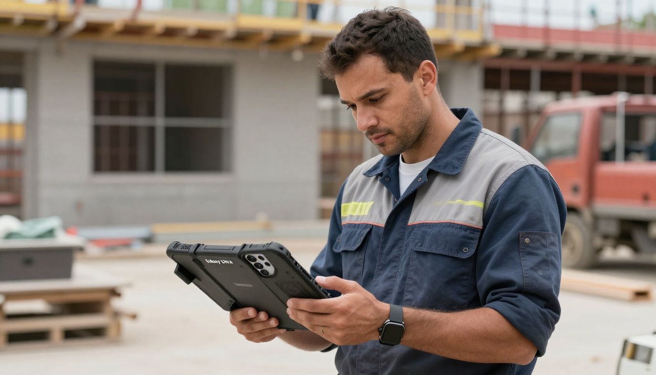 A tradie in high-vis workwear on a construction site, checking his Galaxy S23 Ultra which is protected by a rugged, heavy-duty case.