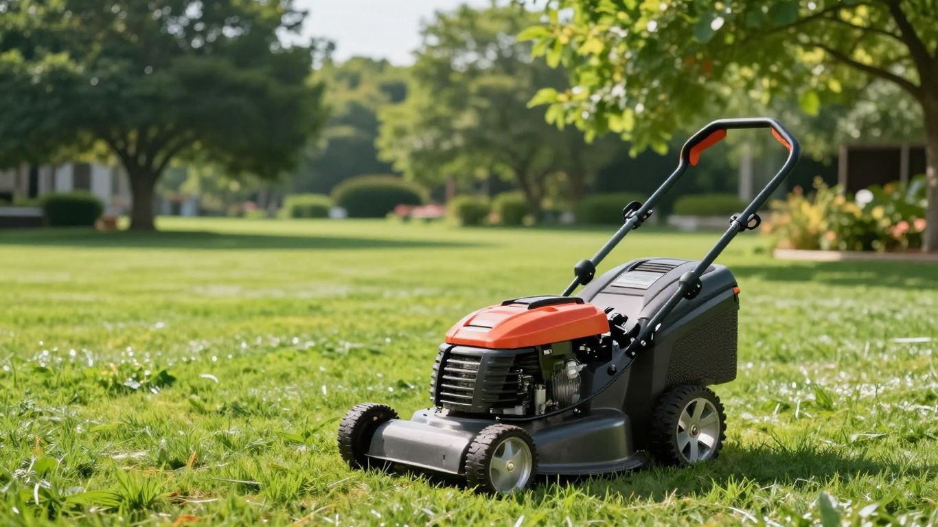 Lawnmower on a freshly cut, green lawn.
