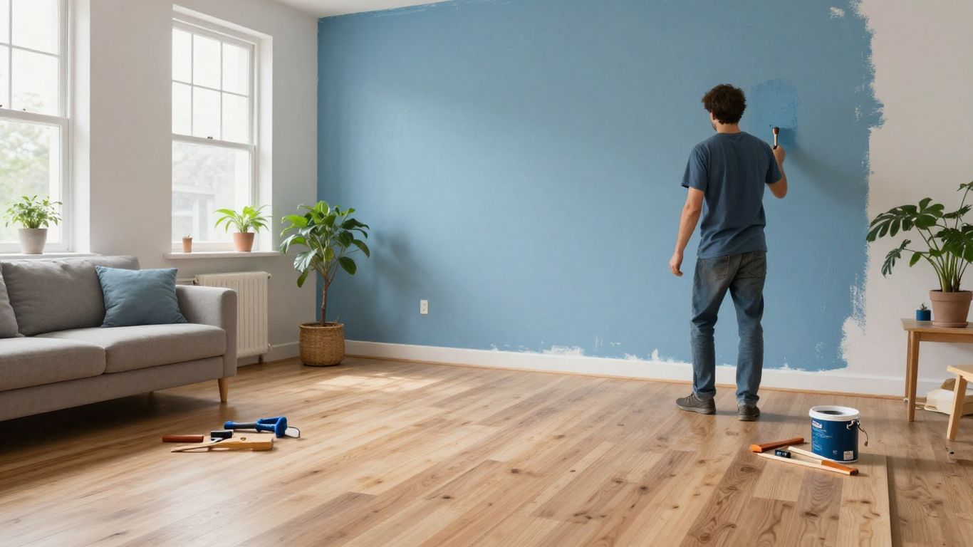 Home renovation with calm colors and organized tools.