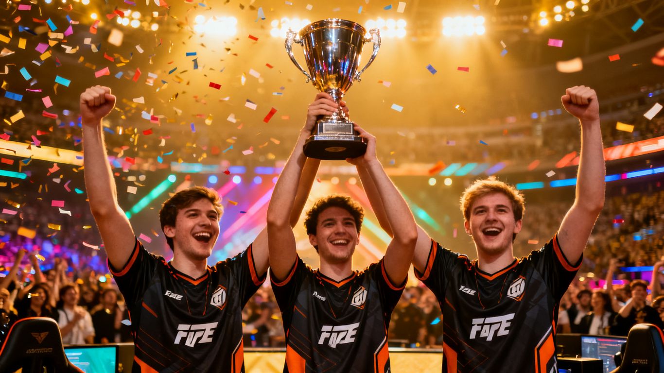 FaZe Vegas team celebrating with championship trophy.