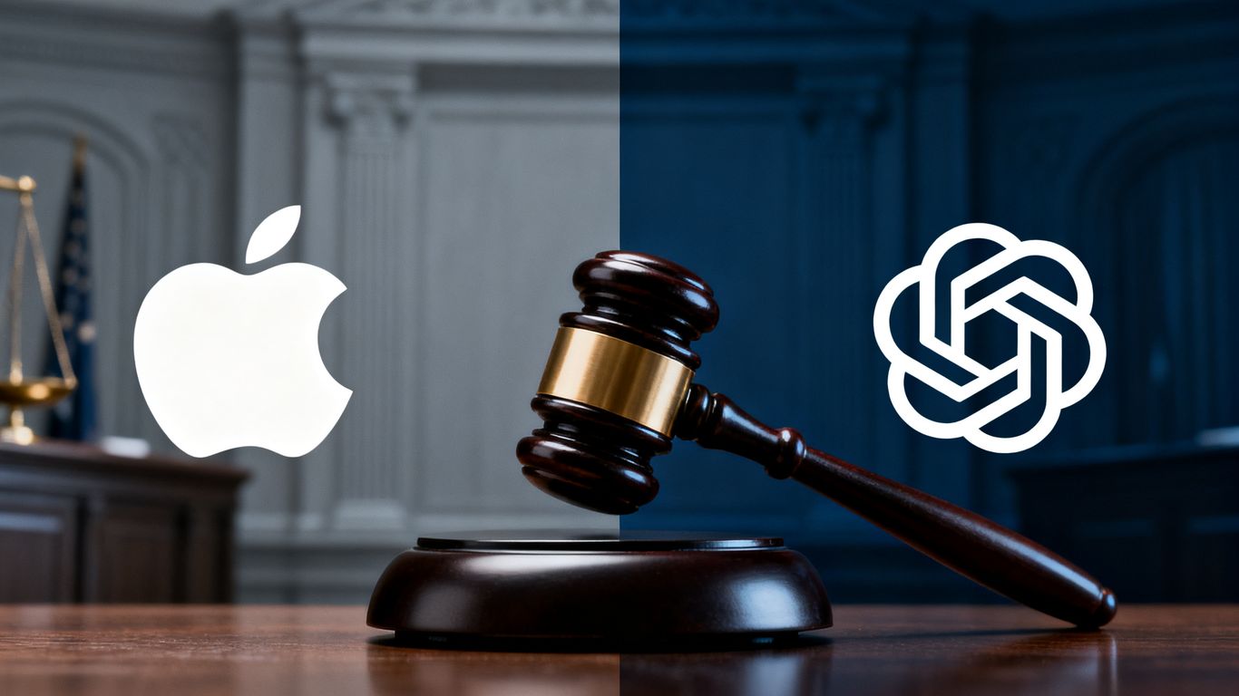Apple and OpenAI logos with a gavel, indicating legal action.