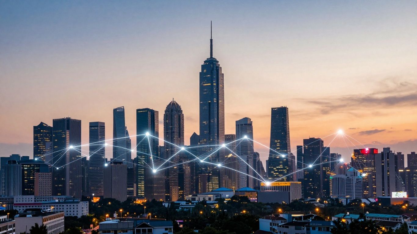 Australian cityscape with glowing network lines at dusk.