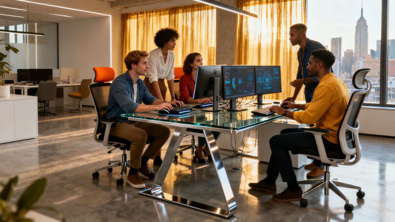 Business professionals working together on IT equipment.