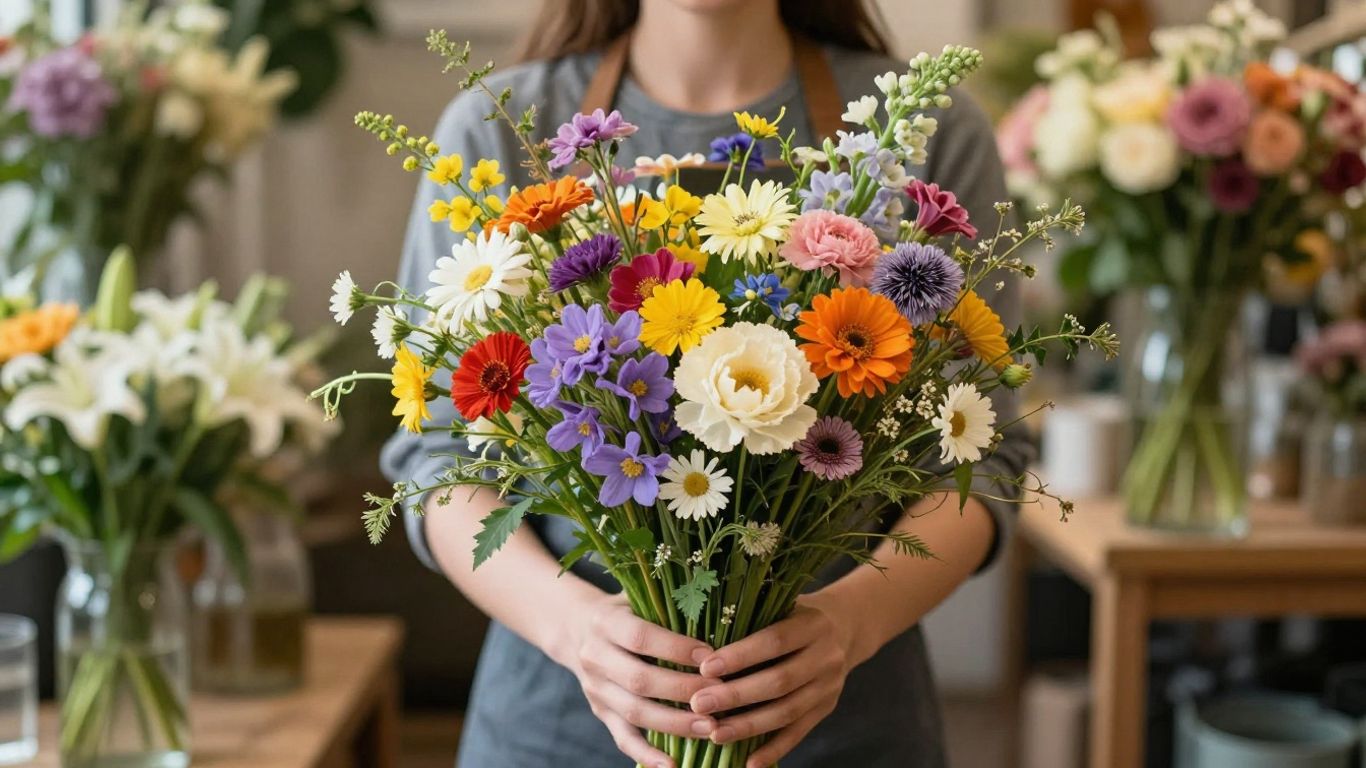 A florist carefully delivering a fresh bouquet