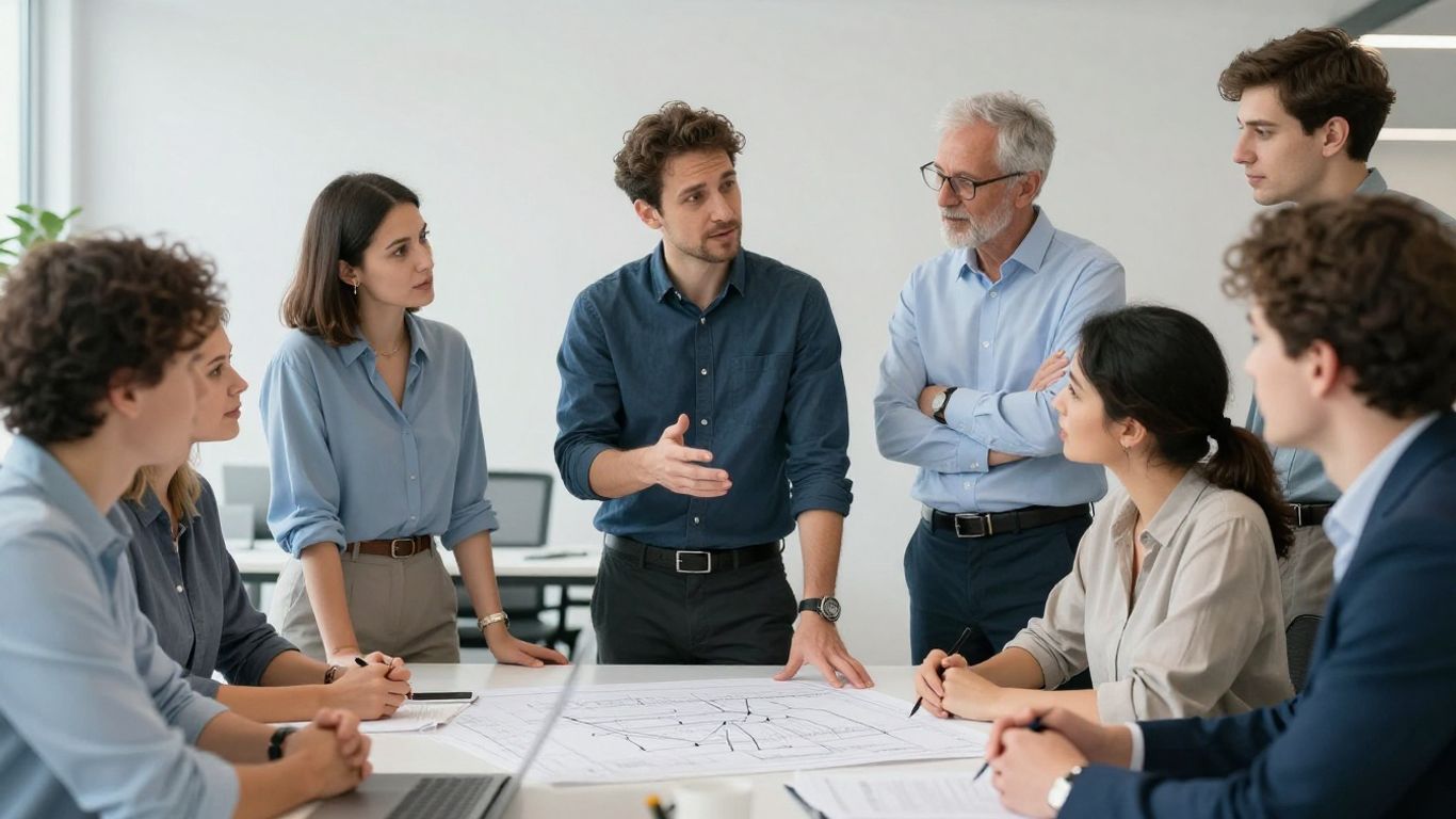 Logistik-Fachkräfte im Büro, die über Pläne sprechen.
