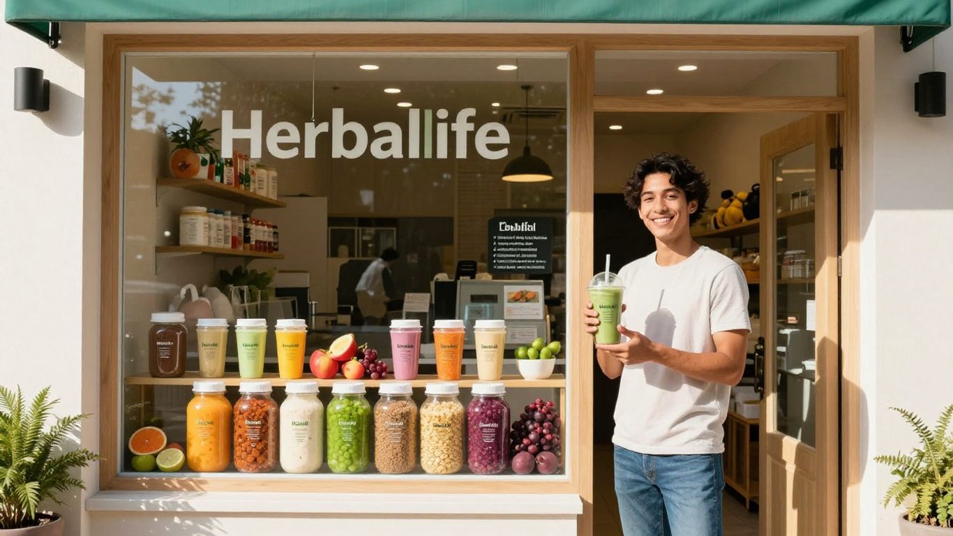 Herbalife shake store with products and distributor.