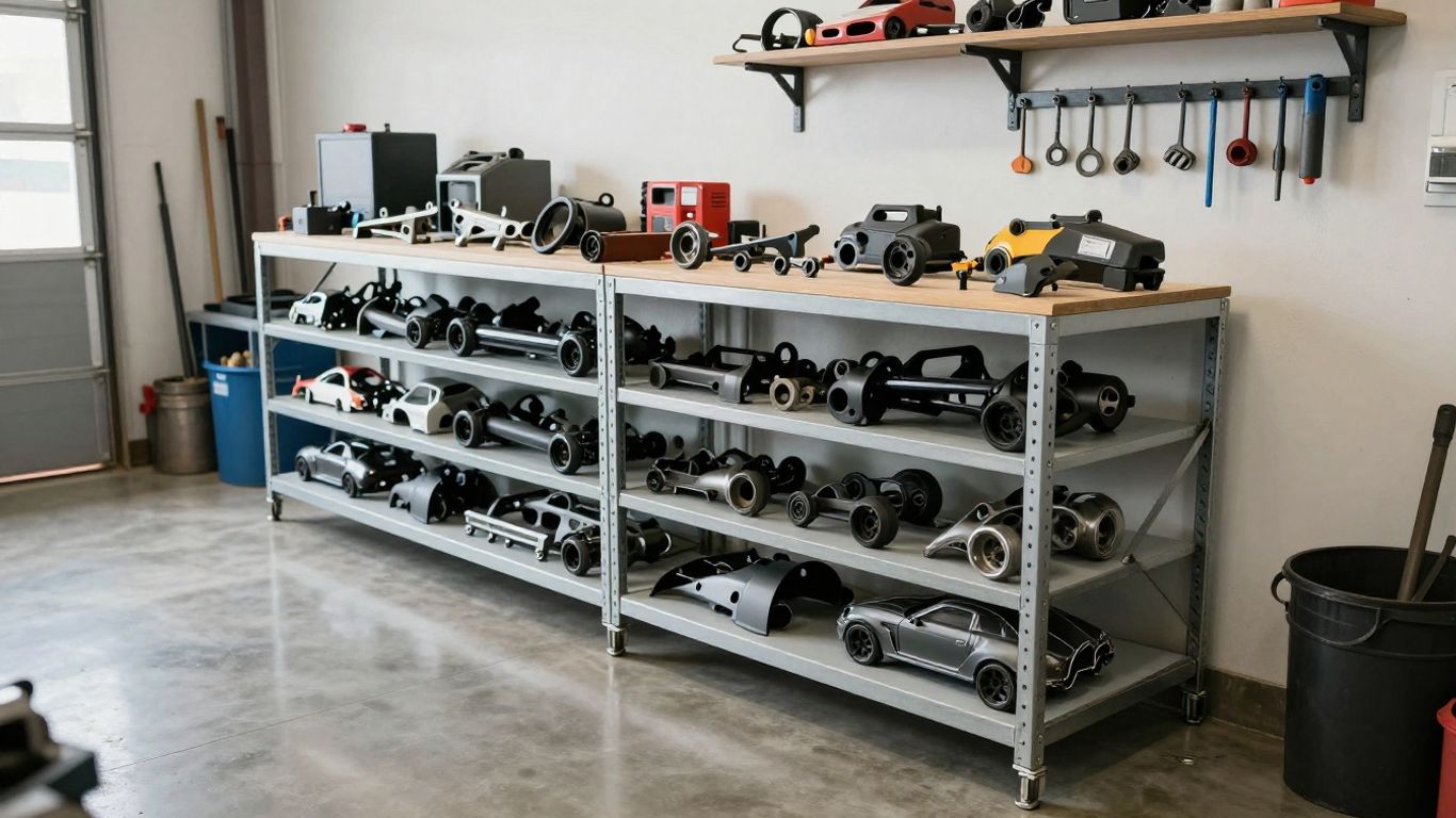 Sourced parts in a tidy garage