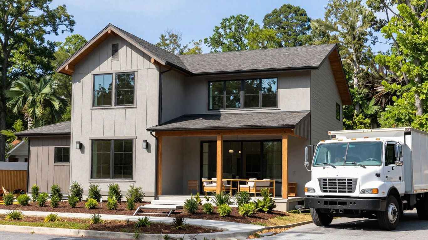 Home with bump out addition and contractor truck.
