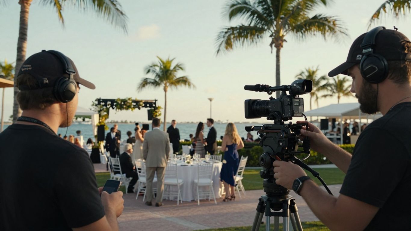 Videographer preparing cameras at waterfront event