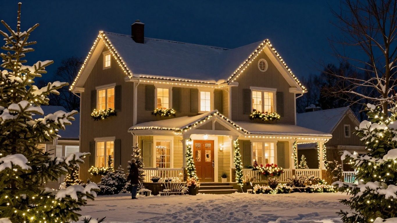Brightly decorated Griswold house under snowy evening sky