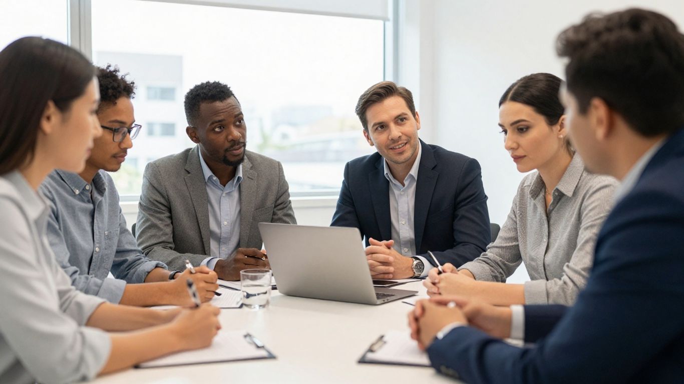 Equipo de profesionales trabajando en un espacio abierto