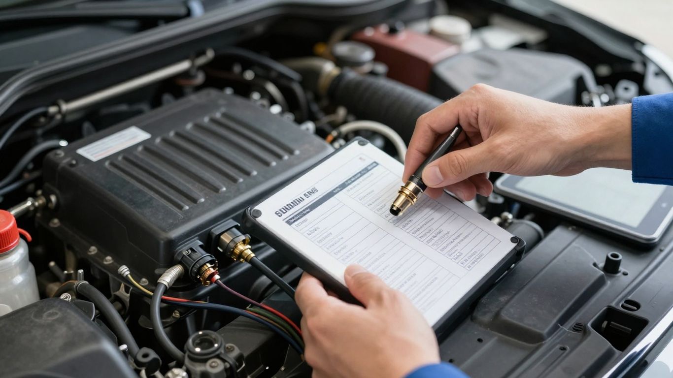 Mechanic comparing ECU labels beside open engine bay