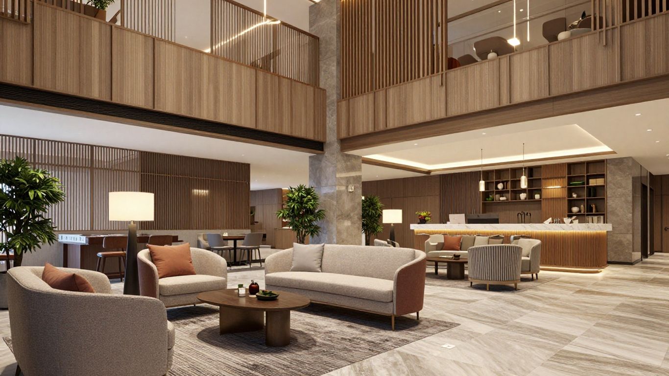 Lobby d'hôtel moderne avec mobilier unique et éclairage d'ambiance.