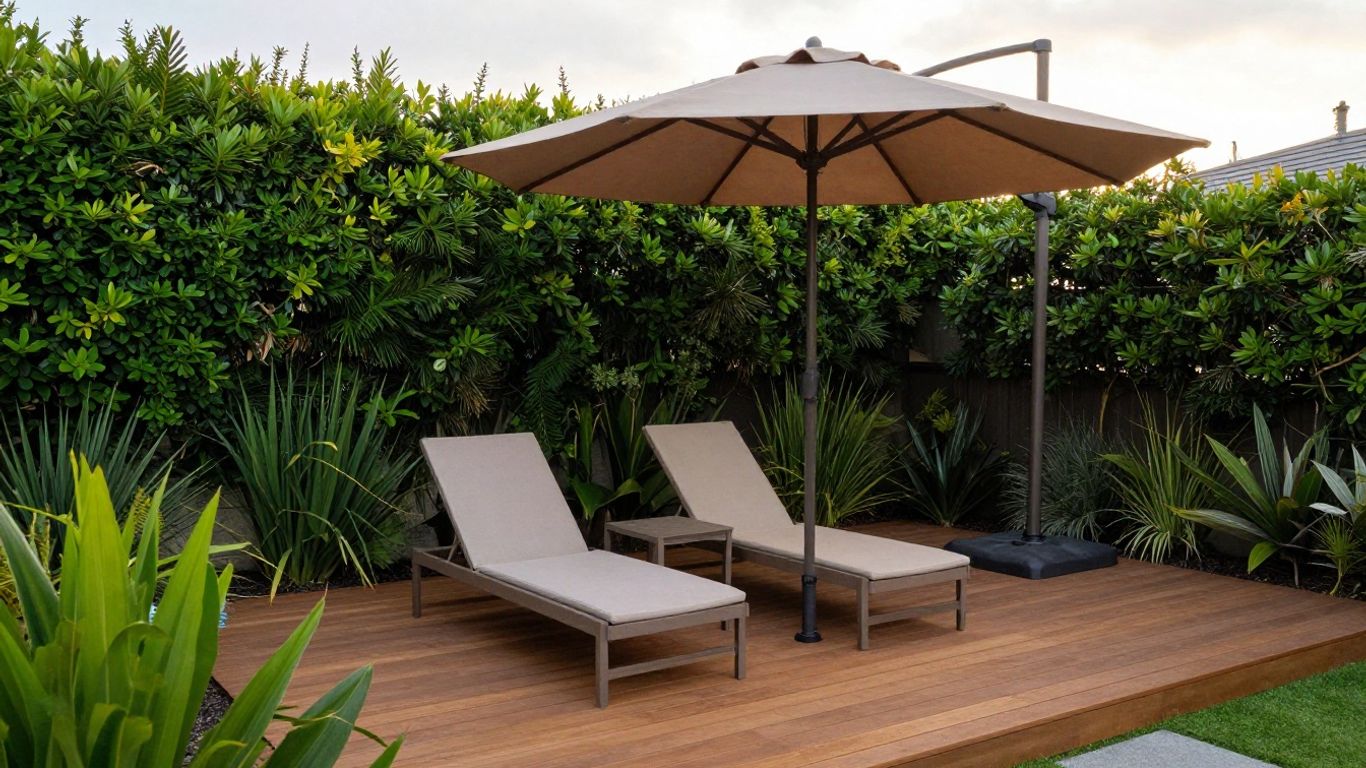 Outdoor lounger beside a shaded garden patio
