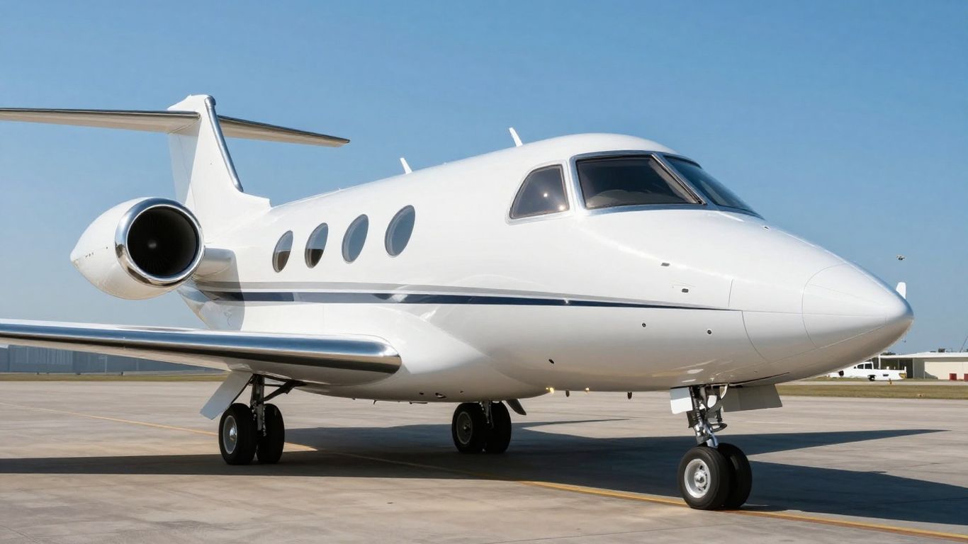 Sleek private jet flying in a clear blue sky.