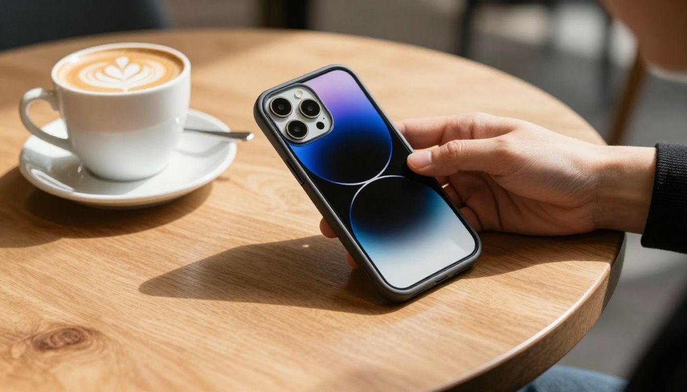 A person in a sunlit Australian cafe placing their iPhone 14 Pro Max in a stylish case onto a wooden table next to a coffee.