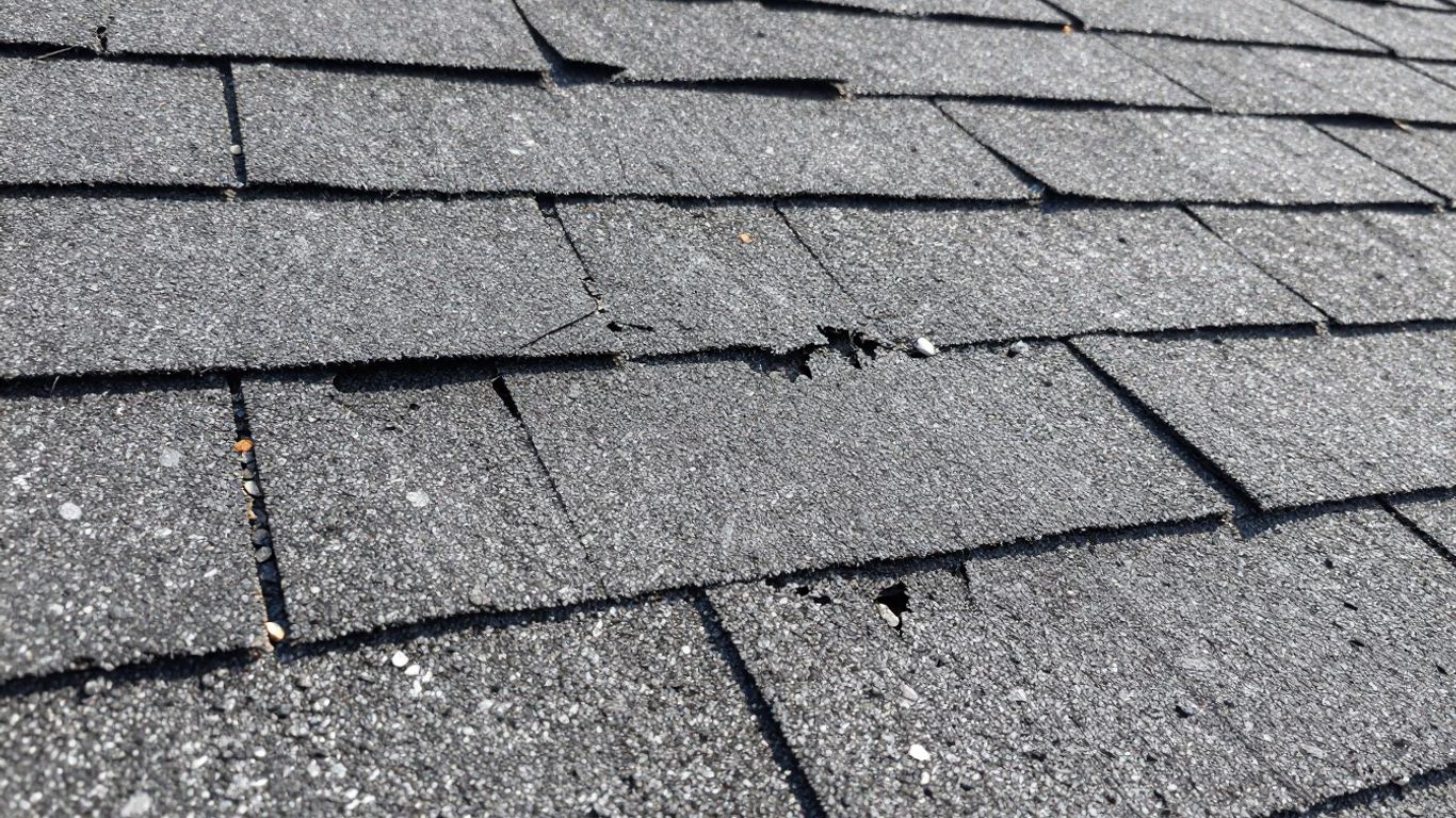 Close-up of hail-damaged asphalt shingles on a roof.
