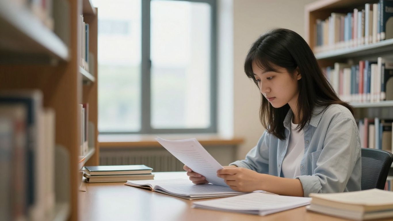 Student focusing on university course documents indoors