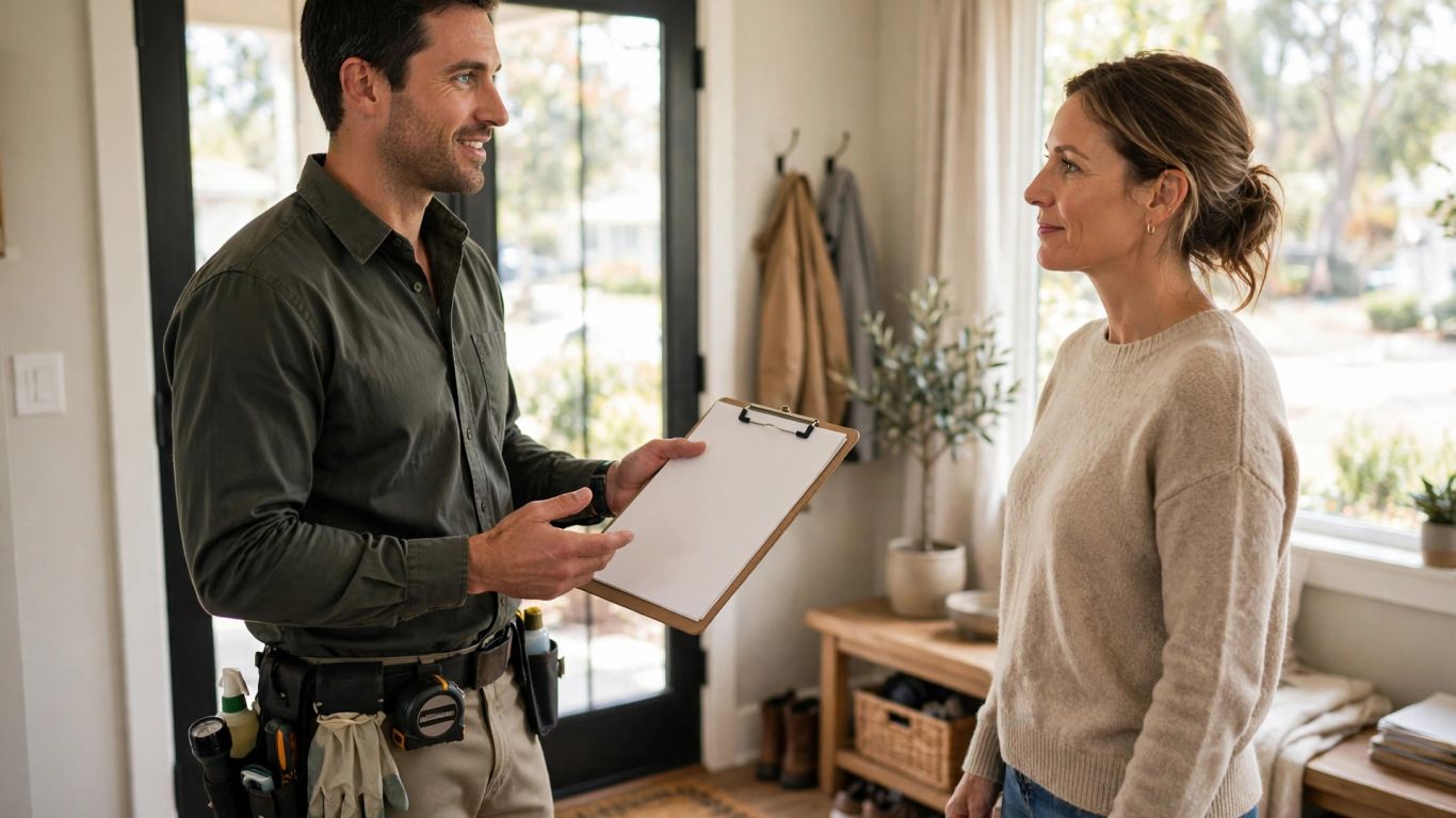 Pest technician discussing a home service plan